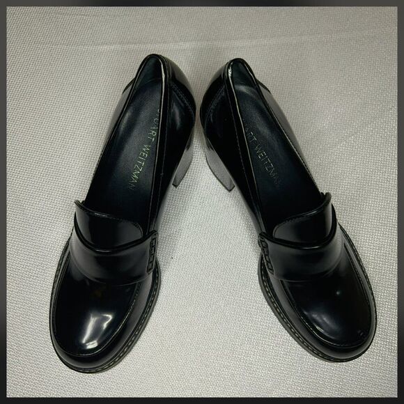Stuart Weitzman Black Patent Leather Block Heel Loafers| Size 8 - Picture 1 of 14
